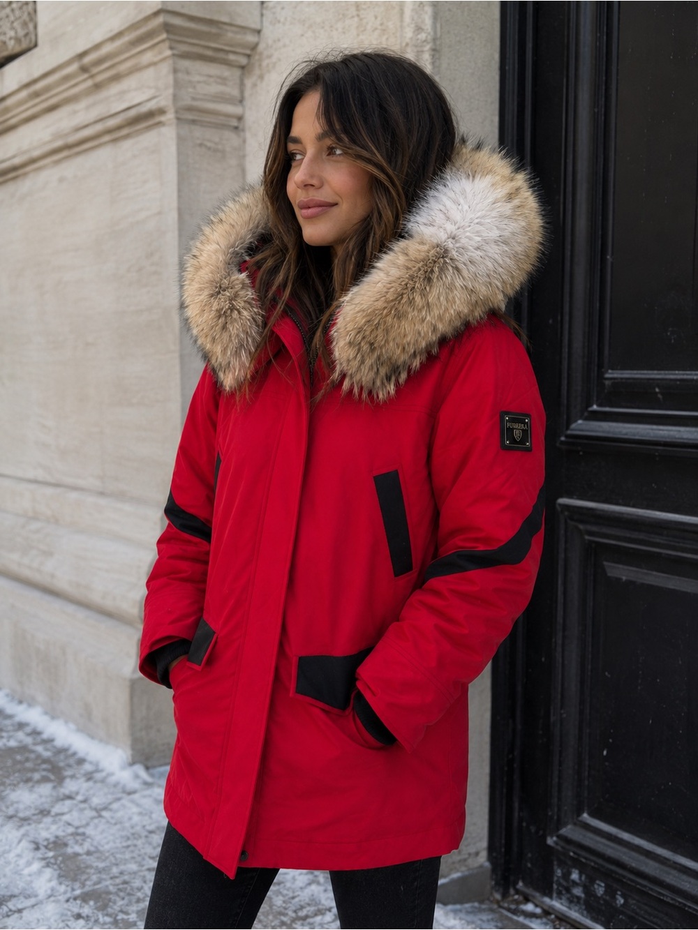Women's Red Parka with Real Fur Trim